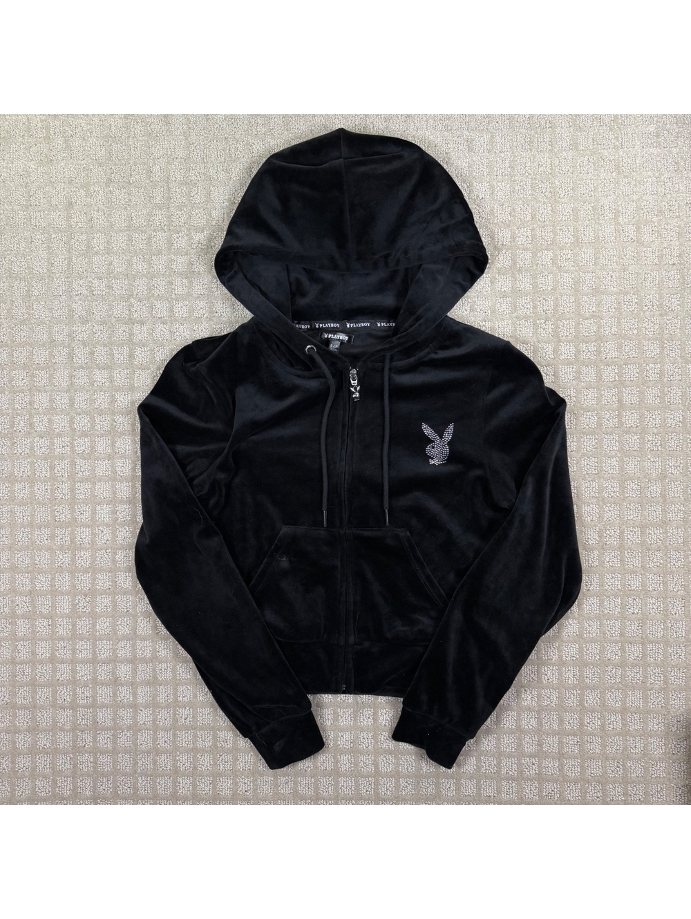 Playboy black velour cropped zip hoodie size S/P